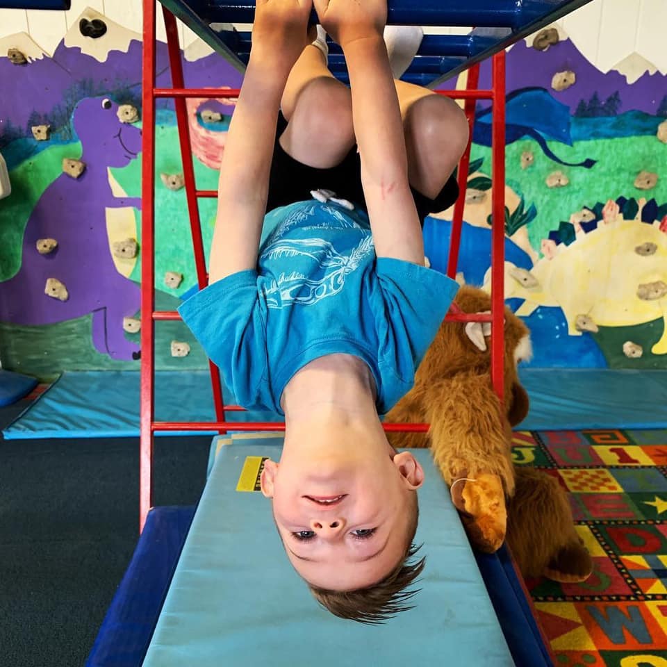 boy in blue shirt and brown hair hanging upside down