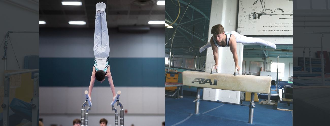 A boys team gymnast on the pommel horse